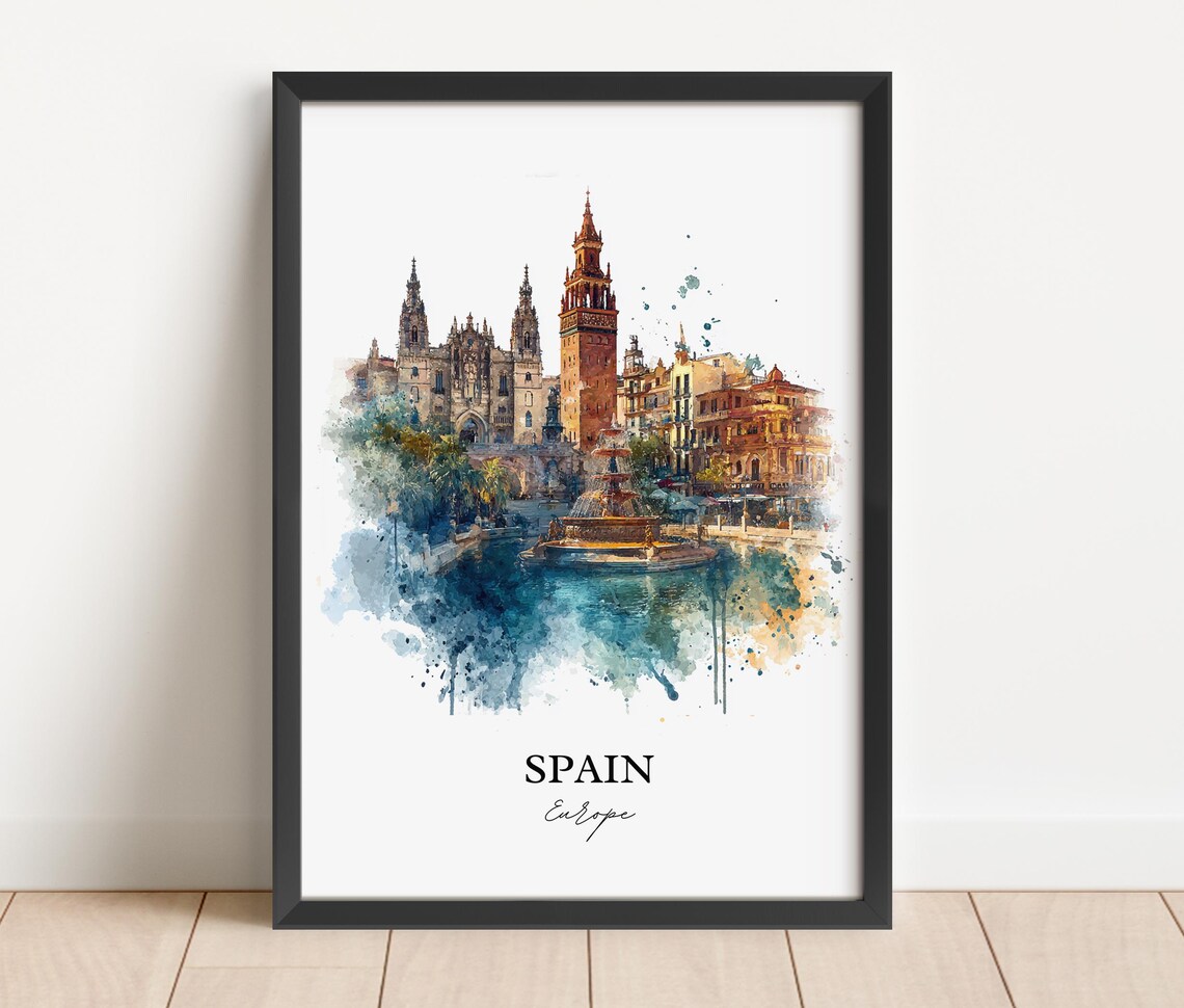 Spain Europe Seville Cathedral Giralda Watercolor Travel Poster - Image 2