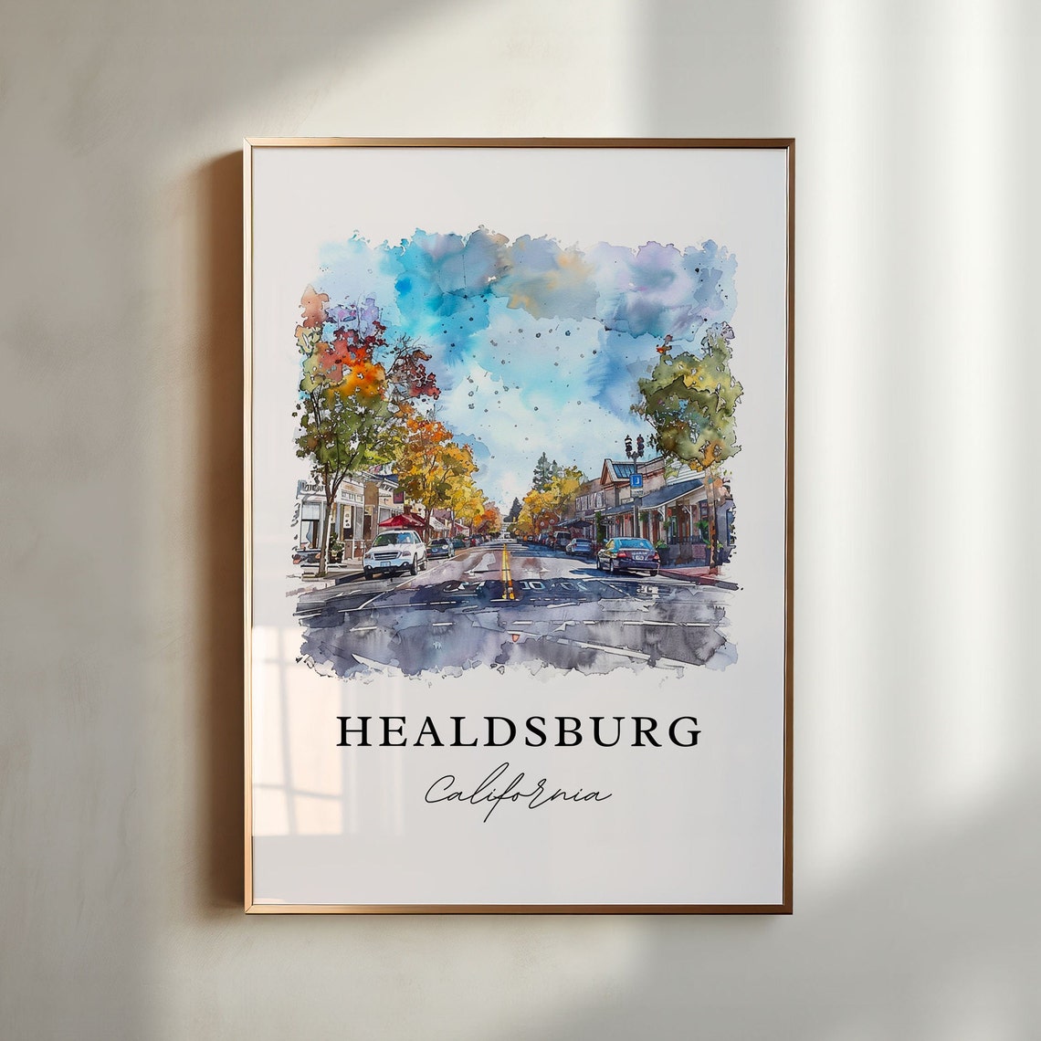 Healdsburg California Charming Downtown Street Watercolor Poster