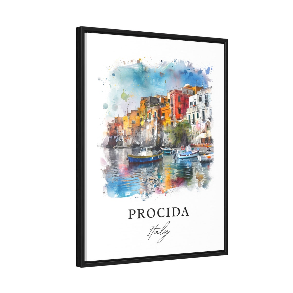 Procida Italy Colorful Harbor Boats Coast Watercolor Travel Poster - Image 2