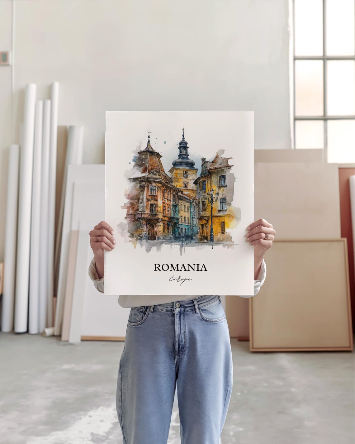 Romania Old Town Clock Tower Watercolor Historic Street Poster - Image 4