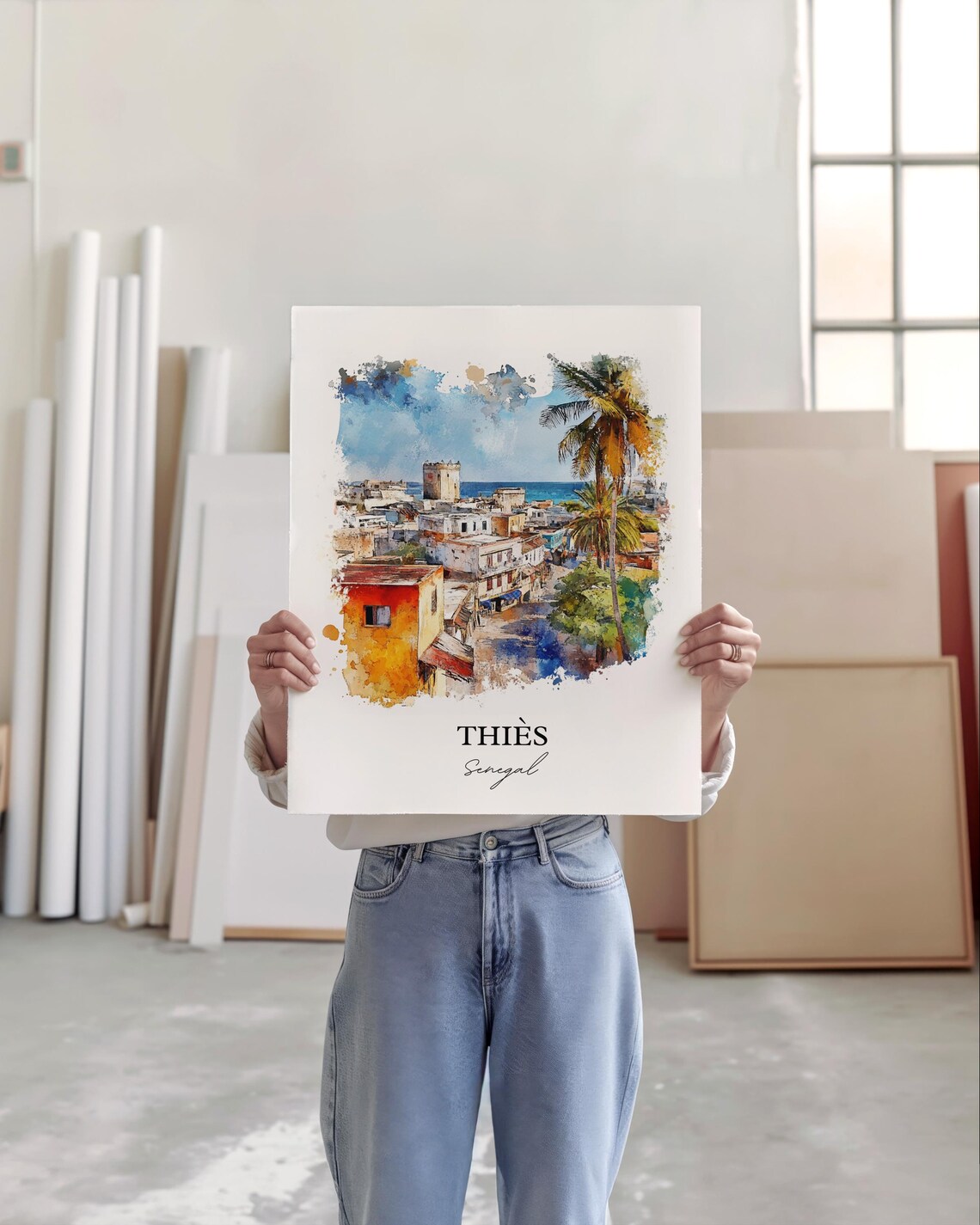 Thies Senegal African Watercolor Coastal City Palm Art Poster - Image 4