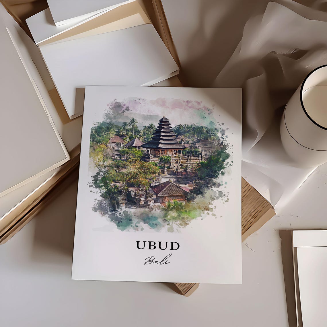Ubud Bali Temple Tiered Tower Tropical Jungle Watercolor Travel Poster - Image 2