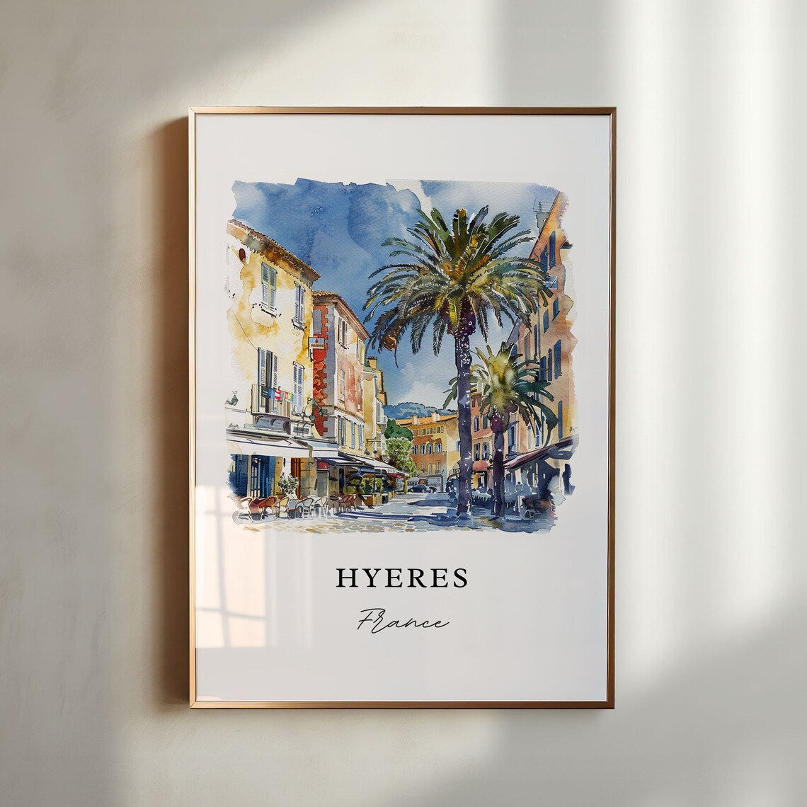 Hyeres France Mediterranean Old Town Palms Watercolor Travel Poster