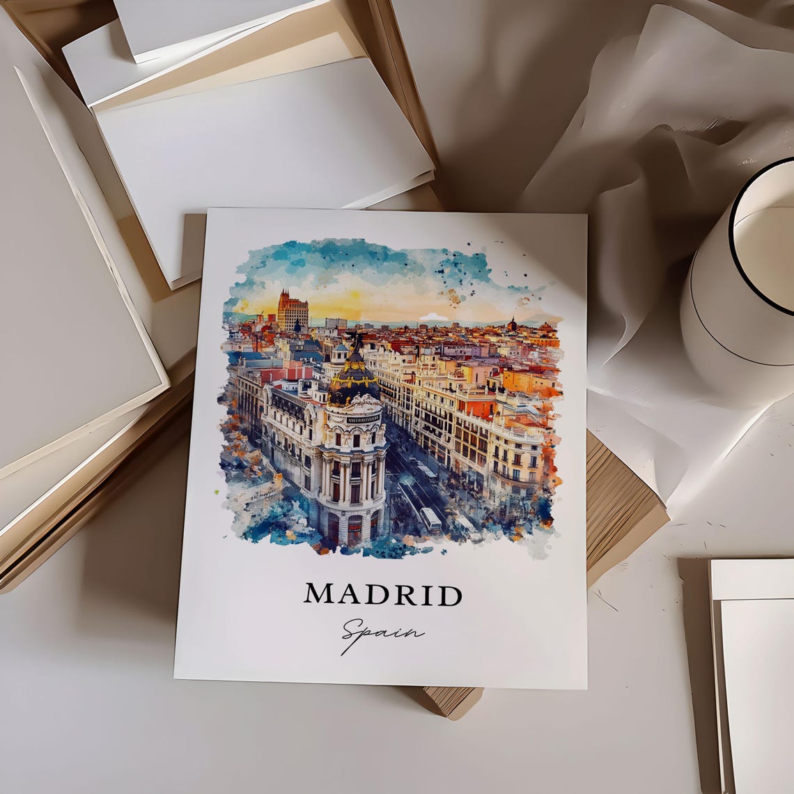 Madrid Spain Watercolor Skyline Art Print, Travel Poster - Image 6