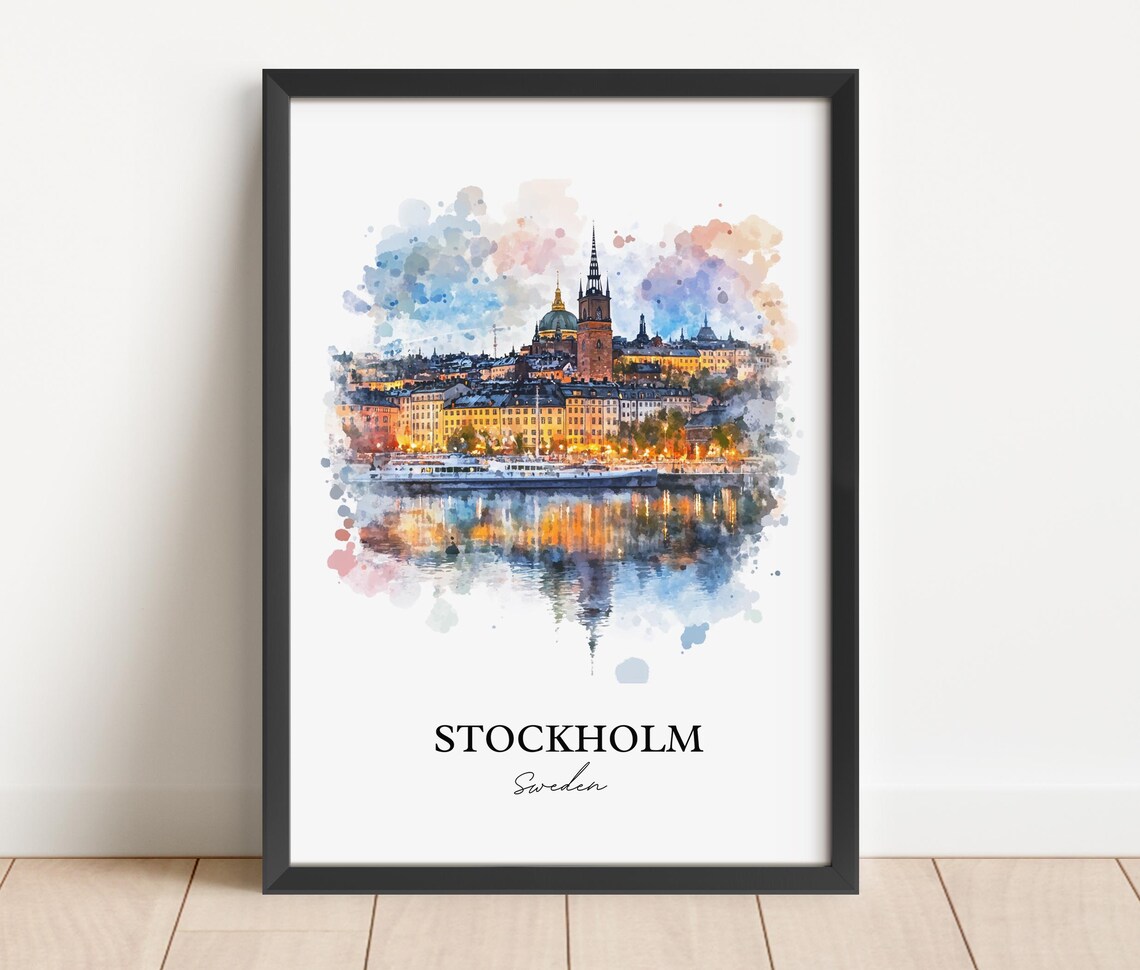 Stockholm Sweden Night Harbor Gamla Stan Watercolor City Poster - Image 5