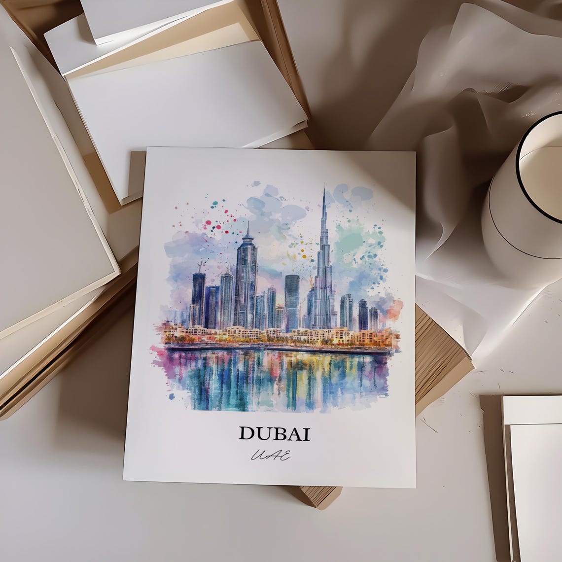 Dubai UAE Watercolor Modern Skyline Burj Khalifa Waterfront Poster - Image 4