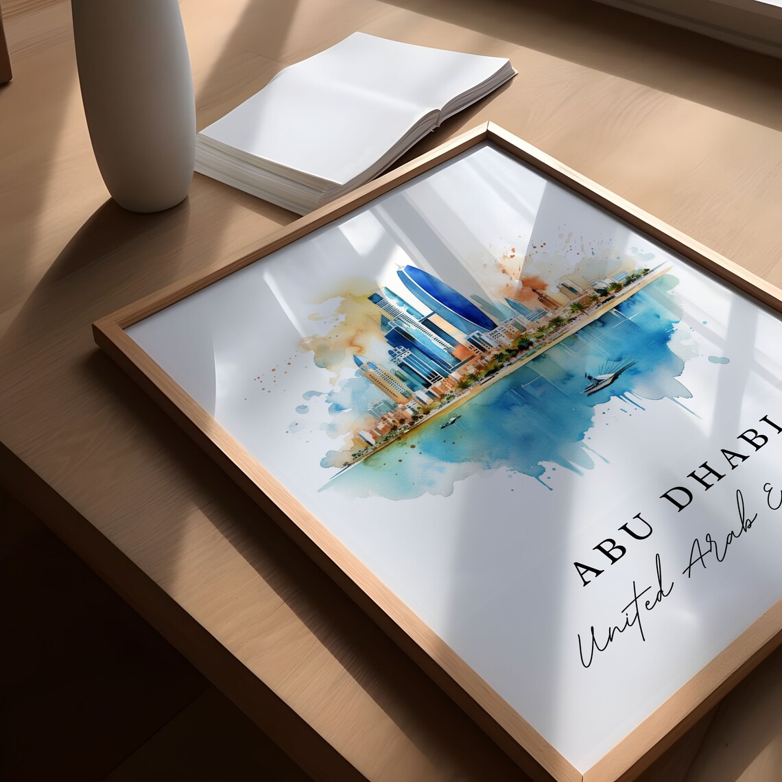 Abu Dhabi United Arab Emirates Watercolor Skyline Waterfront Travel Poster - Image 4