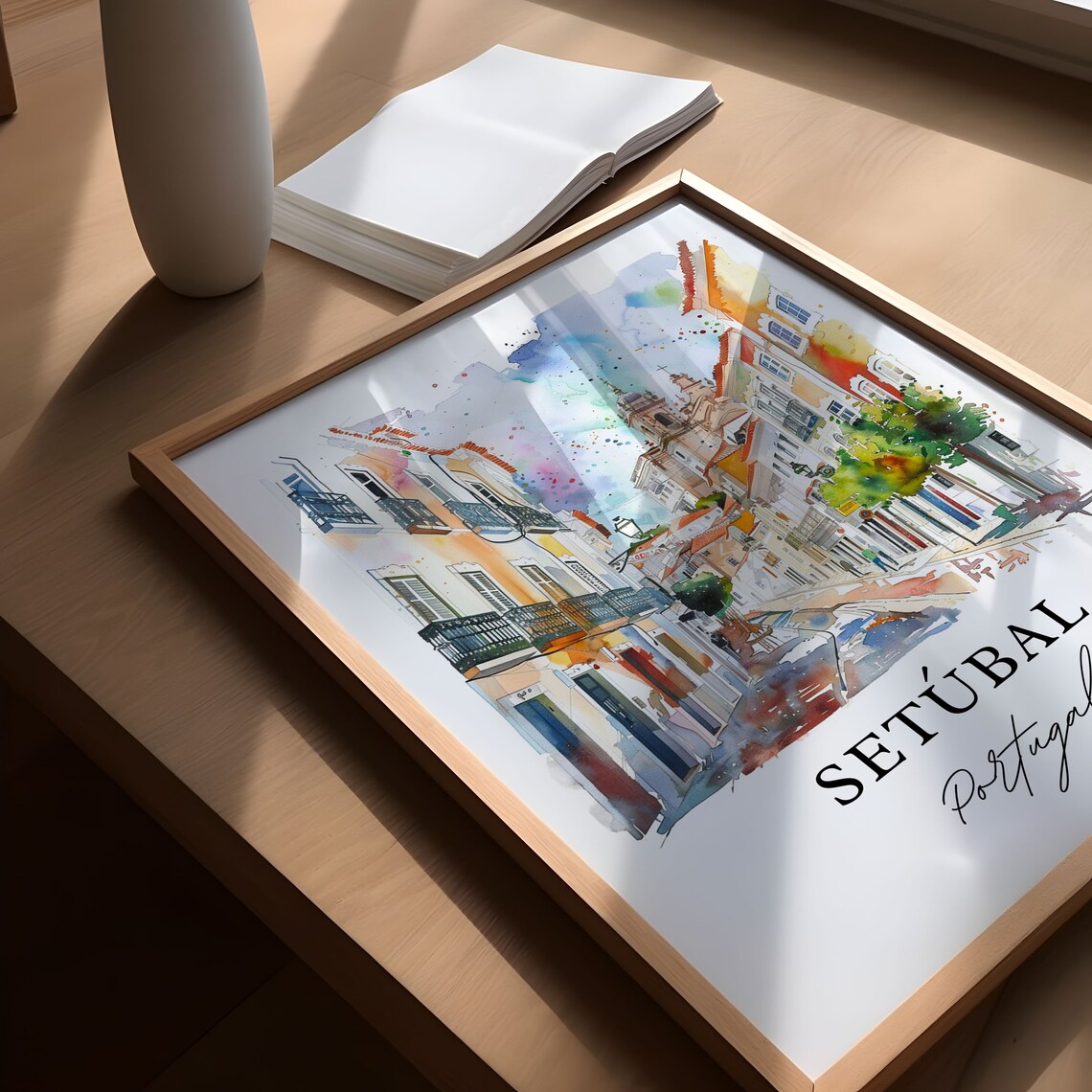 Setubal Portugal Colorful Old Town Street Watercolor Church Poster - Image 5