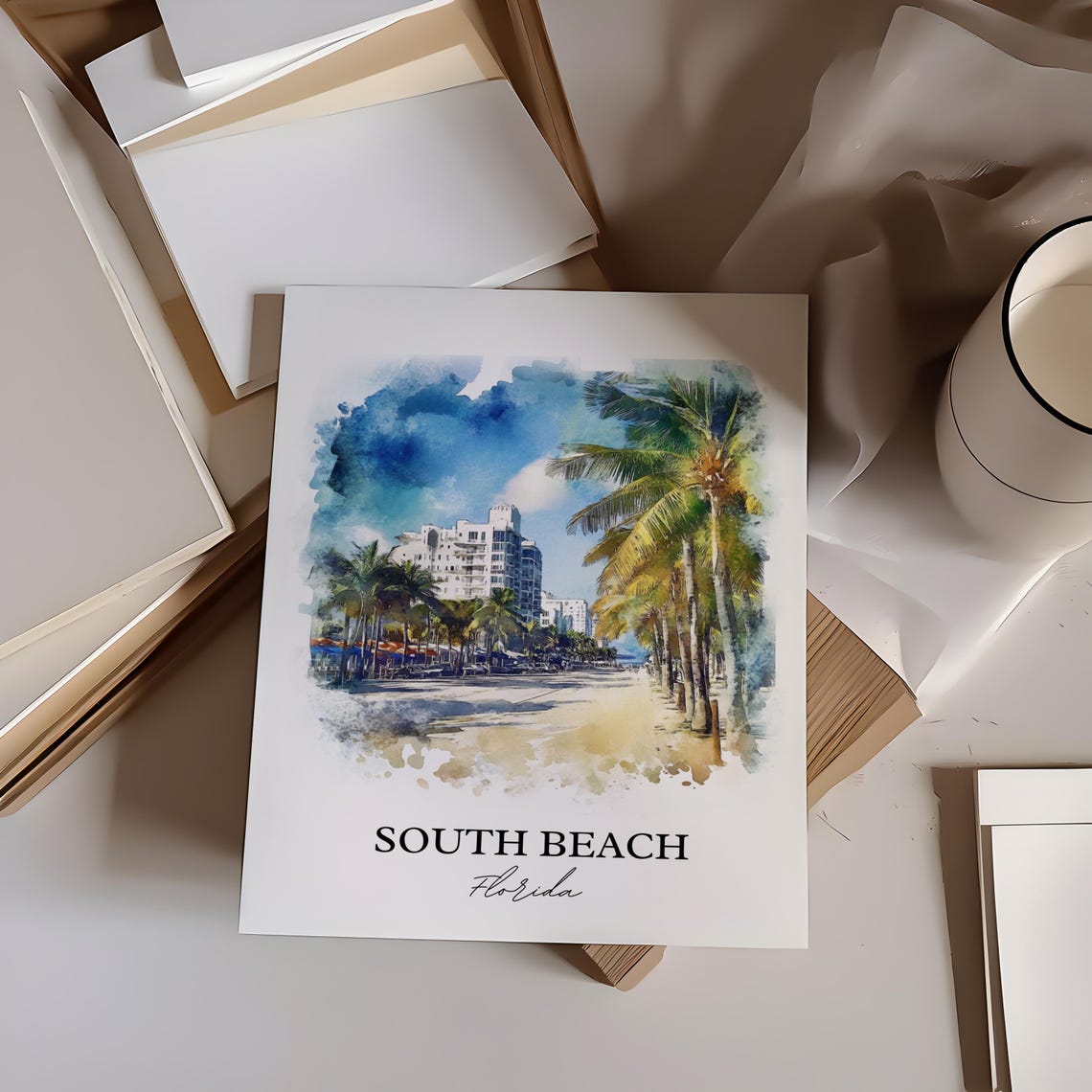 South Beach Florida Palm Trees Art Deco Watercolor Beach Poster - Image 2