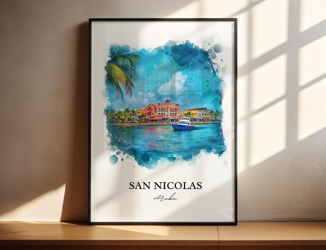 San Nicolas Aruba Watercolor Harbor Boat Waterfront Scene Poster