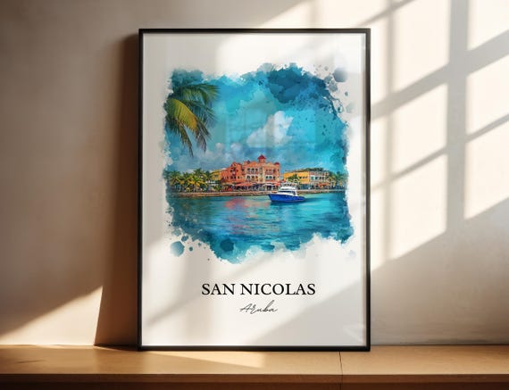 San Nicolas Wall Art Oranjestad Print Aruba Watercolor Gift Travel Poster Housewarming