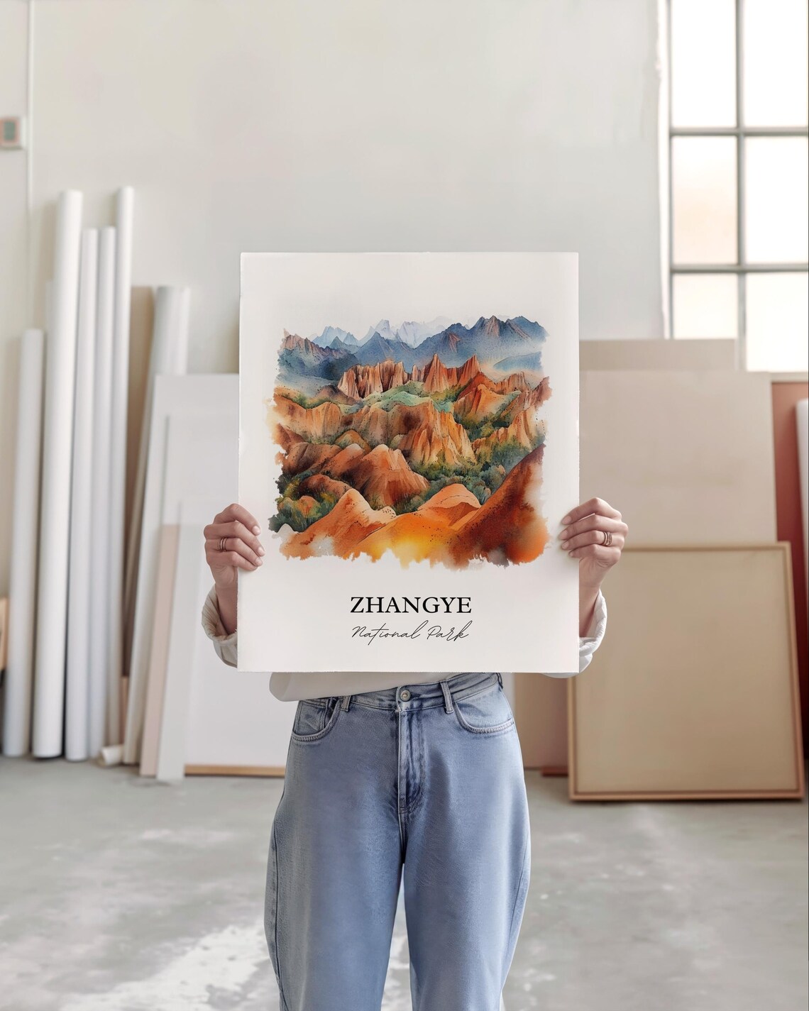 Zhangye National Park Rainbow Mountain Watercolor Travel Poster - Image 3