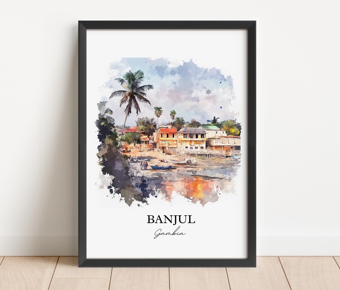 Banjul Gambia Fishing Boats Palm Beach Watercolor Travel Poster - Image 3