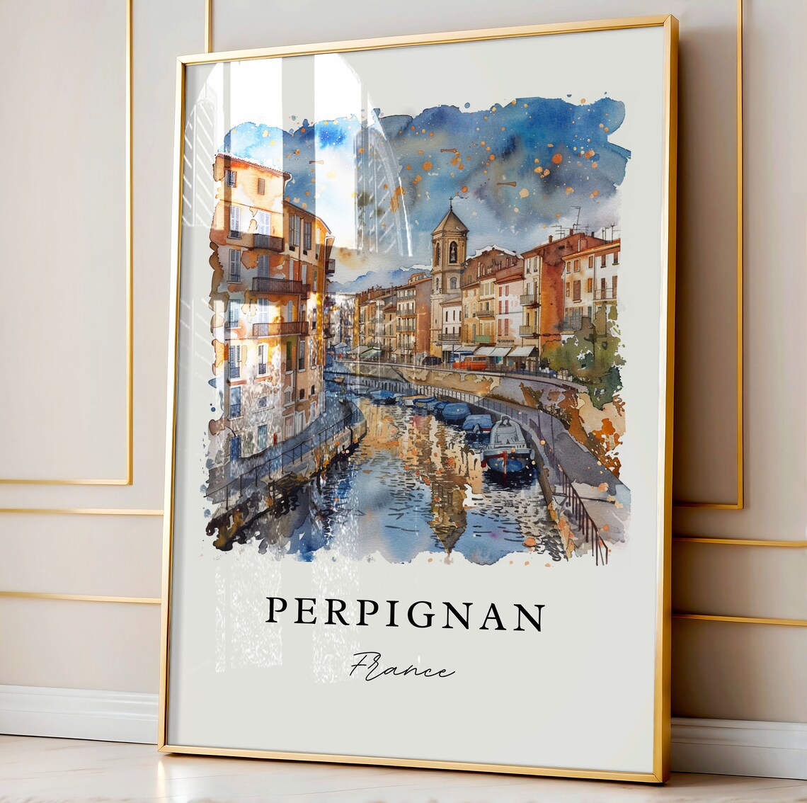 Perpignan France Canal Old Town Watercolor Minimalist Travel Poster - Image 3