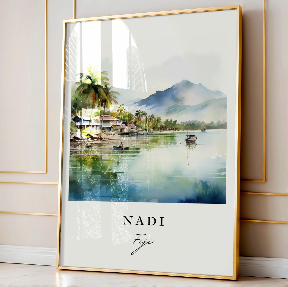 Nadi Fiji Watercolor Coastal Village Tropical Island Travel Poster - Image 4