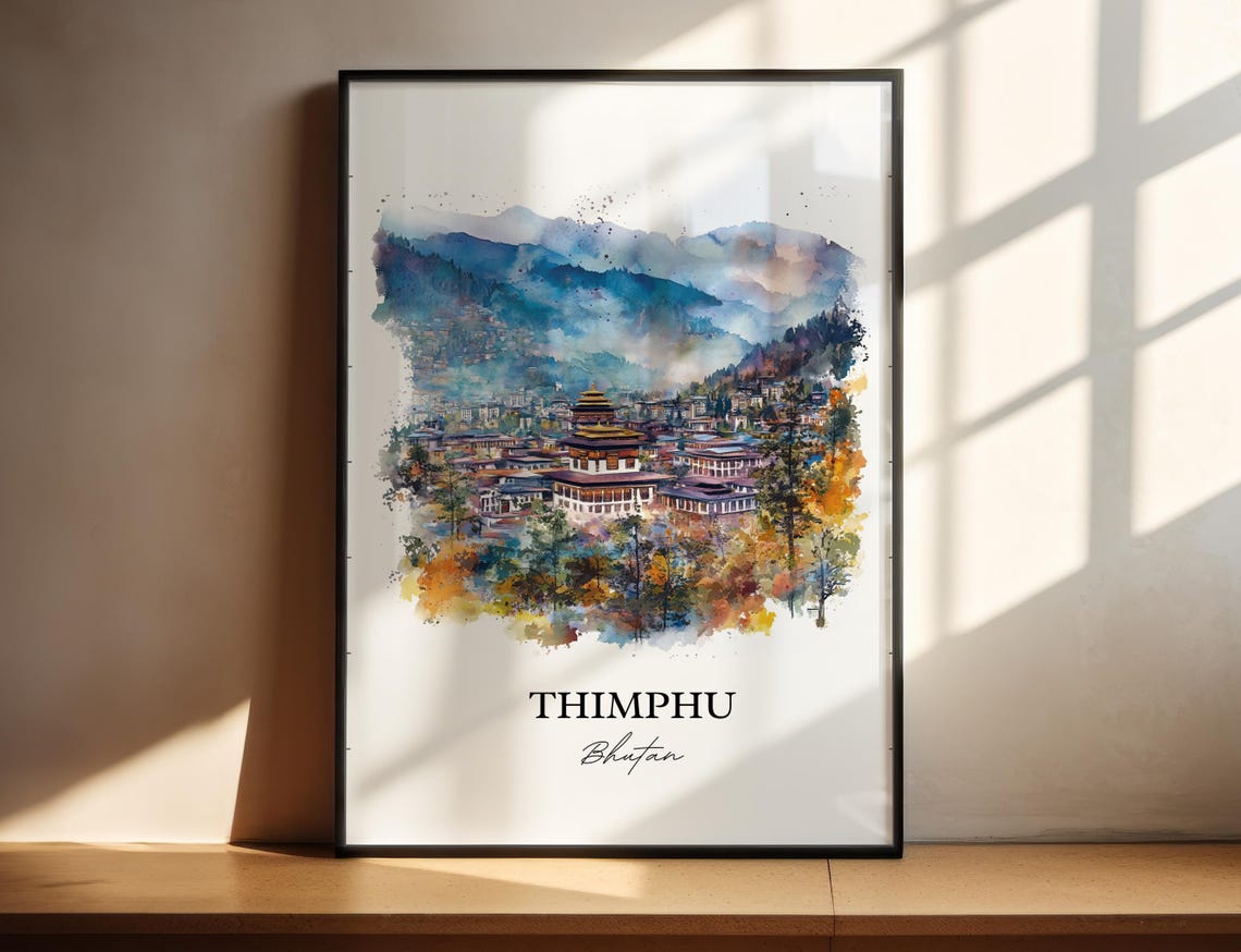 Thimphu Bhutan Watercolor Capital City Valley Dzong View Poster