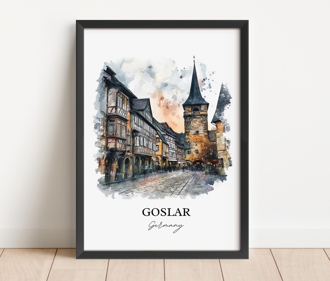 Goslar Germany Medieval Timber Houses Watercolor Travel Poster - Image 3