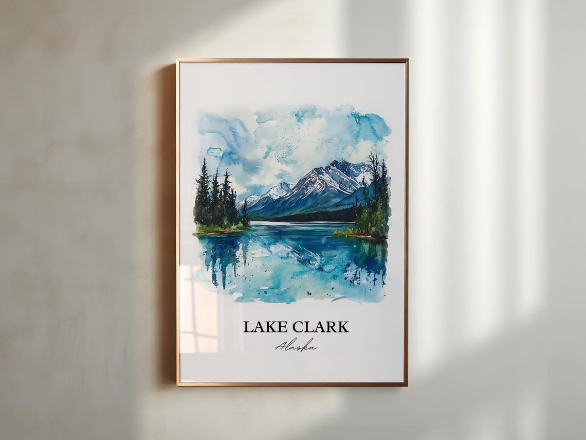 Lake Clark Alaska Mountain Lake Reflection Watercolor Travel Poster - Image 5