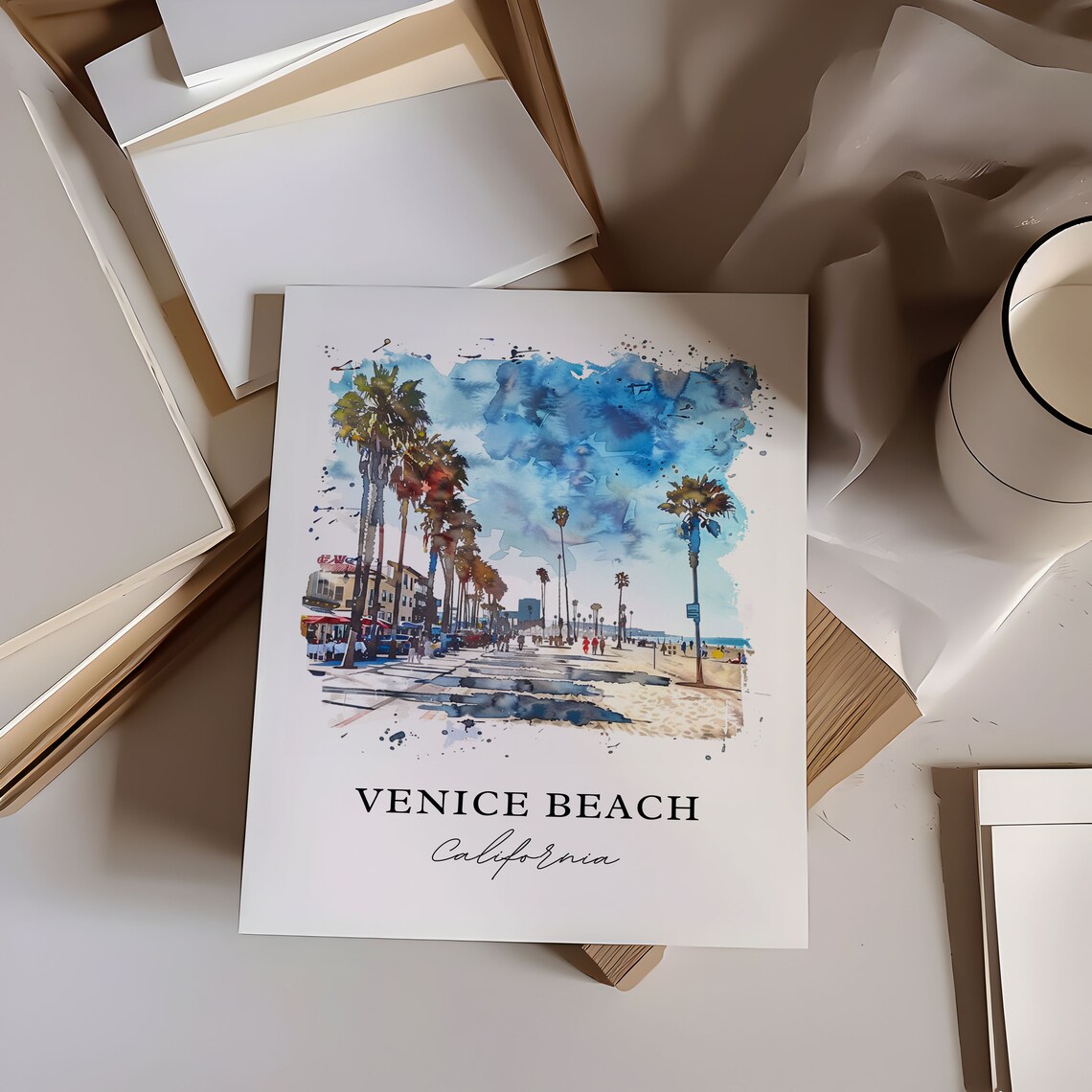 Venice Beach California Watercolor Boardwalk Palm Trees Scene Poster - Image 5