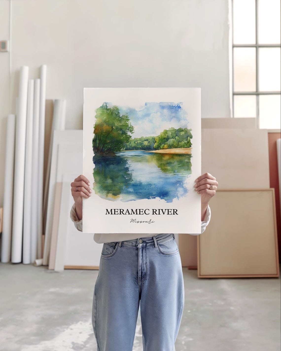 Meramec River Missouri Calm Water Bend Watercolor Nature Art Poster - Image 4