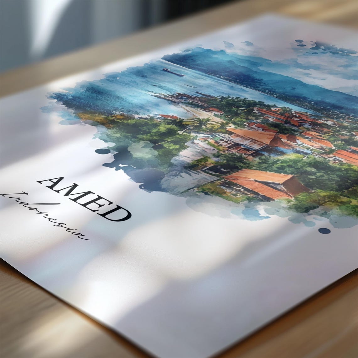 Amed Indonesia Watercolor Coastal Bay Red Roofs Ocean View Poster - Image 6