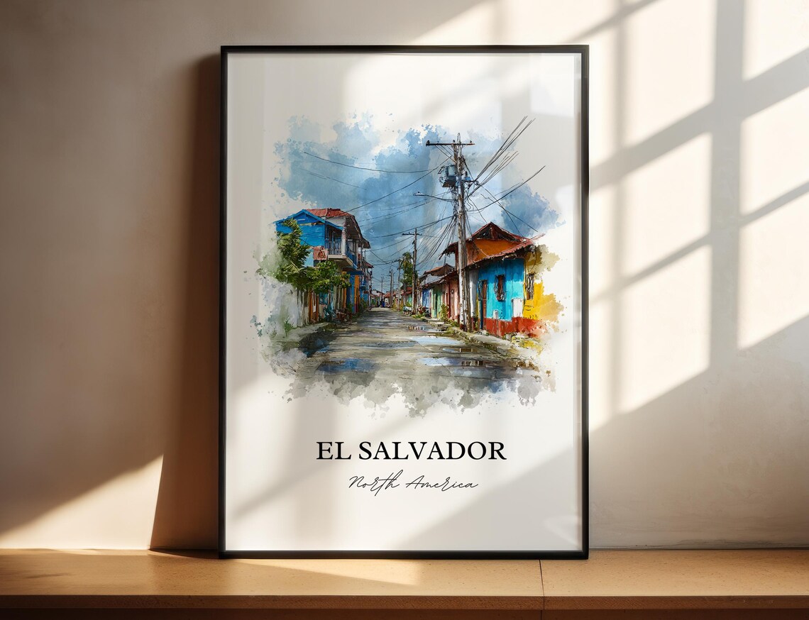 El Salvador Village Street Colorful Houses Watercolor Art Poster