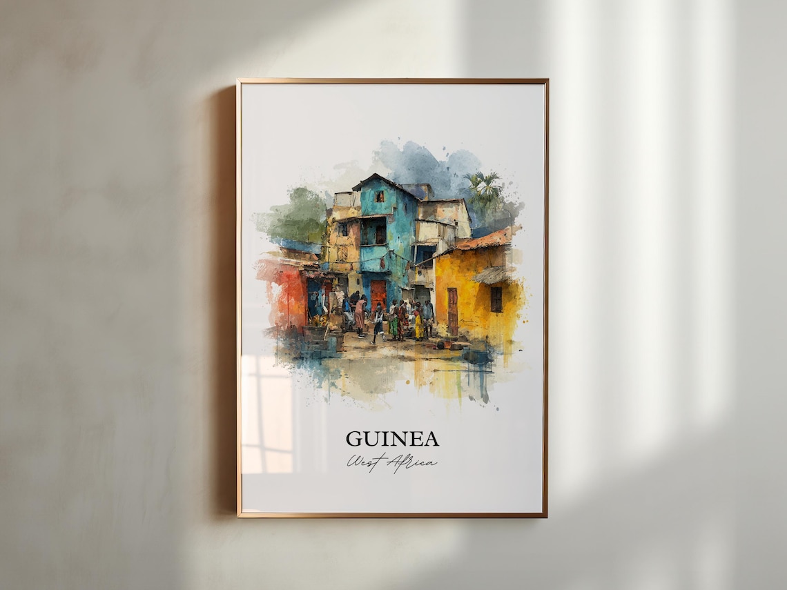 Guinea West Africa Colorful Old Town Street Watercolor Poster - Image 5