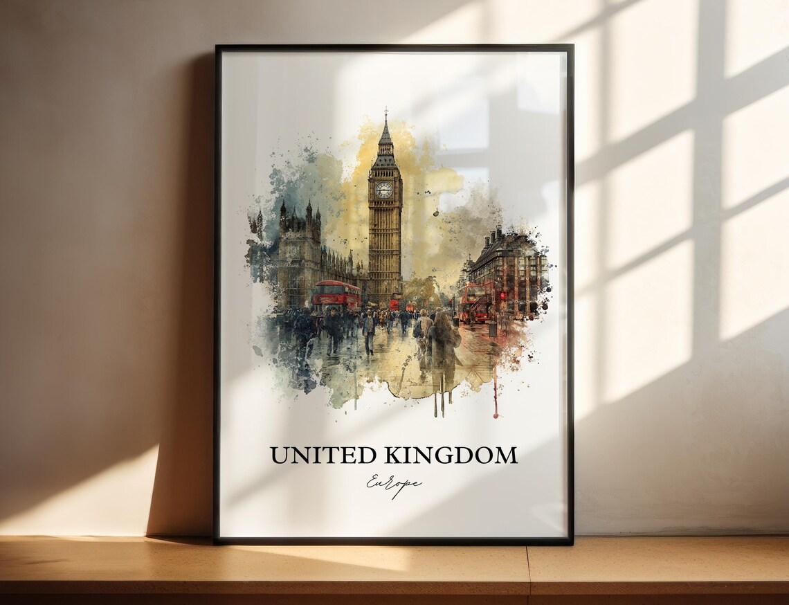 United Kingdom London Big Ben Watercolor Travel Landmark Poster