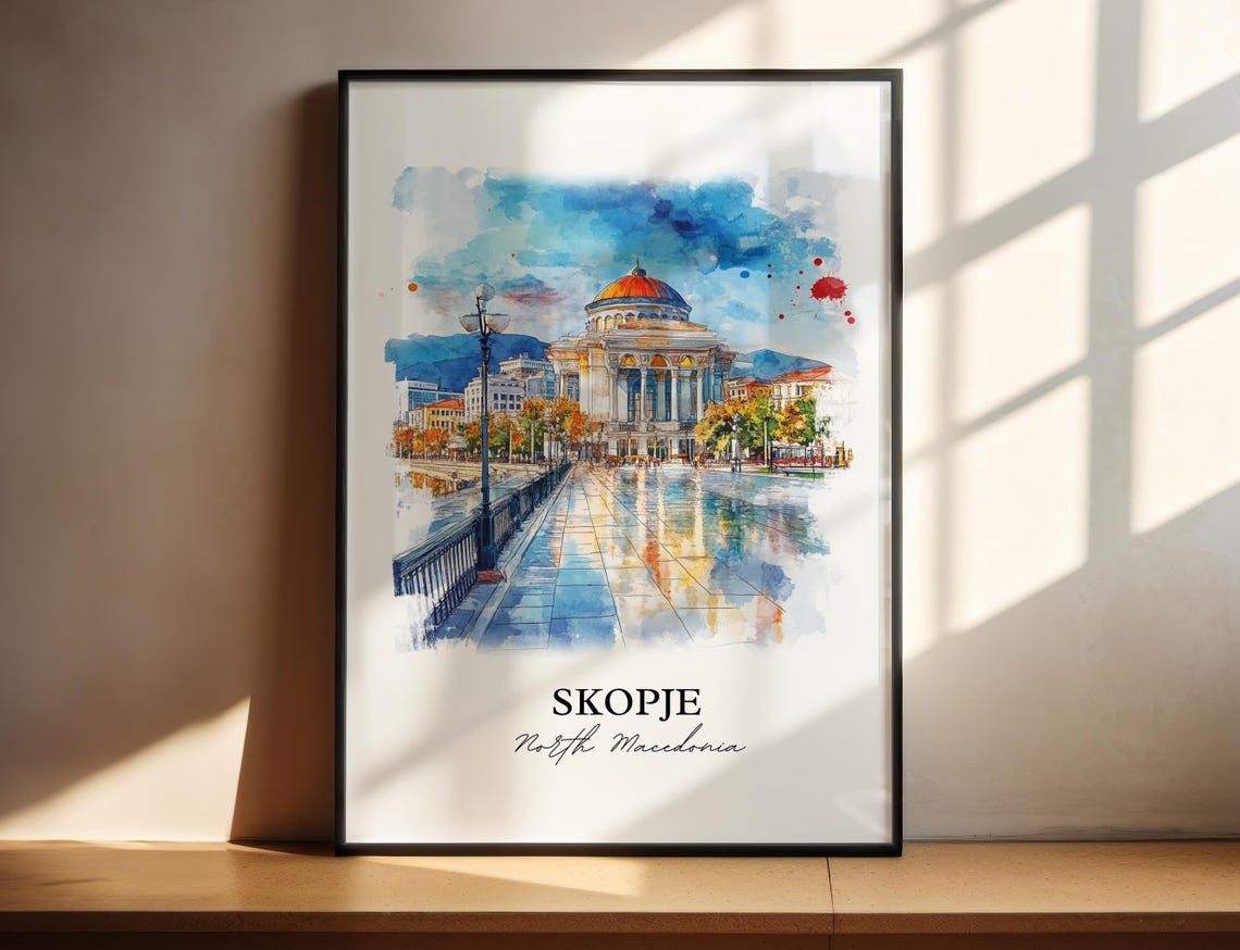 Skopje North Macedonia Watercolor Riverside Domed City Poster