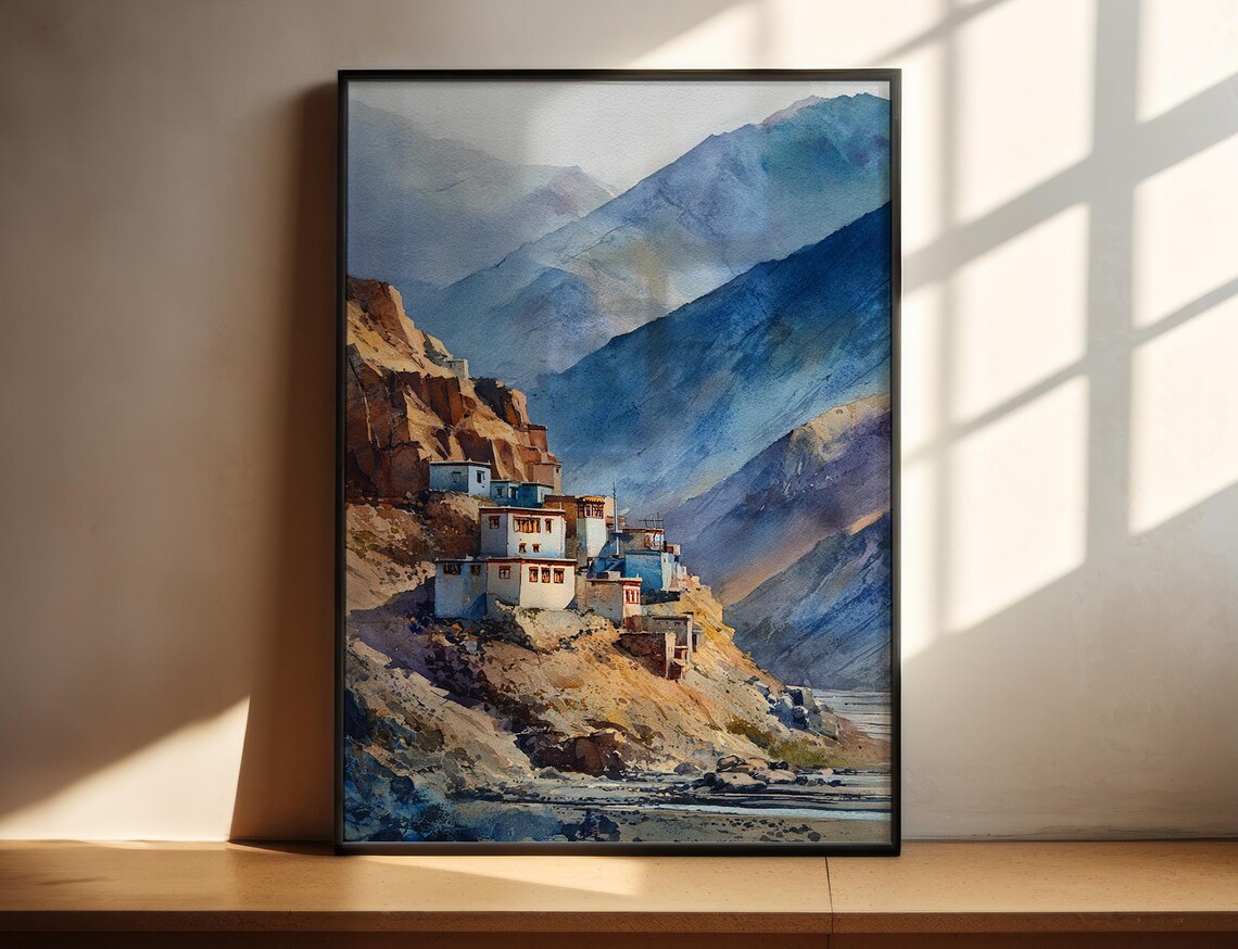 Himalayan Mountain Village Watercolor Rocky Cliffs Dry Valley Print