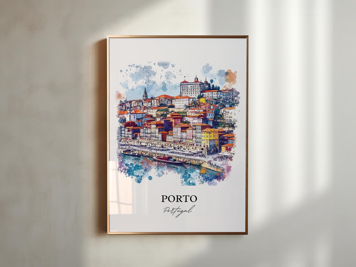 Porto Portugal Colorful Riverside Old Town Watercolor Travel Poster - Image 4