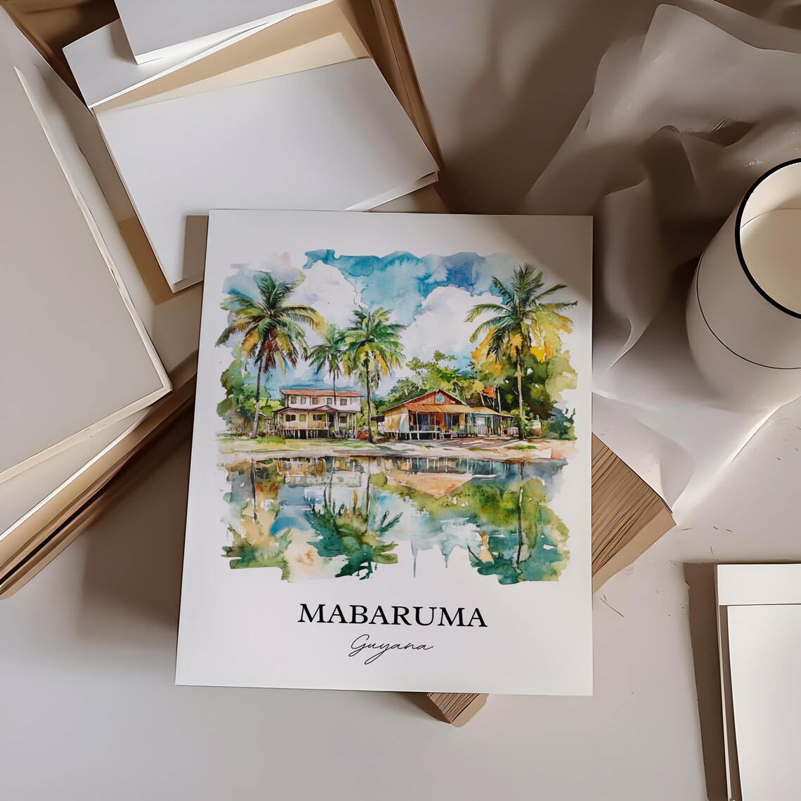 Mabaruma Guyana Watercolor Riverside Houses Palms Scene Poster - Image 4