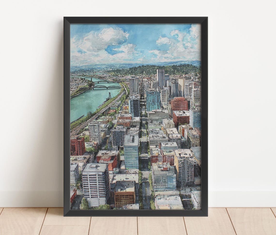 Portland Oregon Watercolor Downtown River Skyline Art Poster