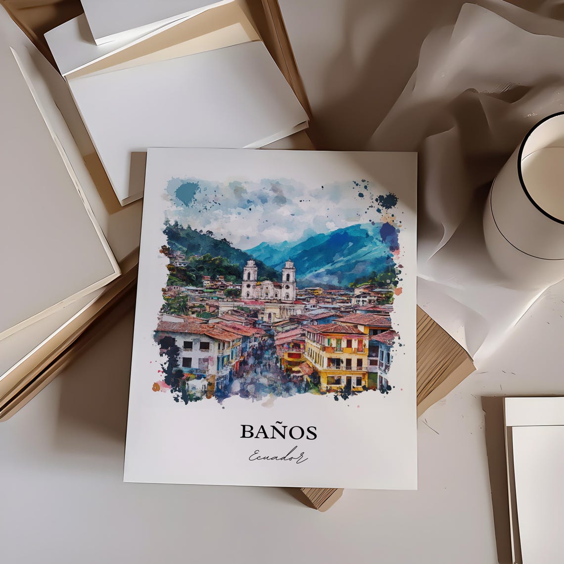 Banos Ecuador Watercolor Twin Tower Church Mountain Town Poster - Image 4