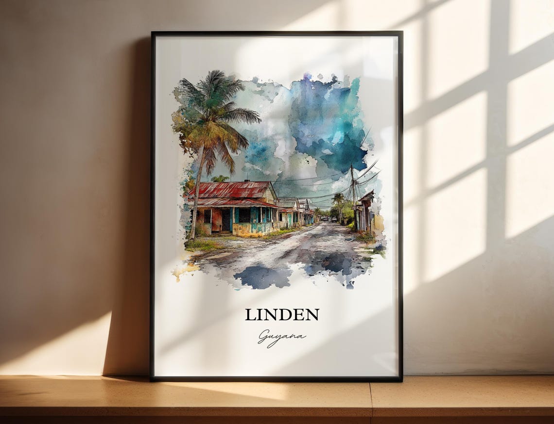 Linden Guyana Watercolor Tropical Street Palm Houses Scene Poster