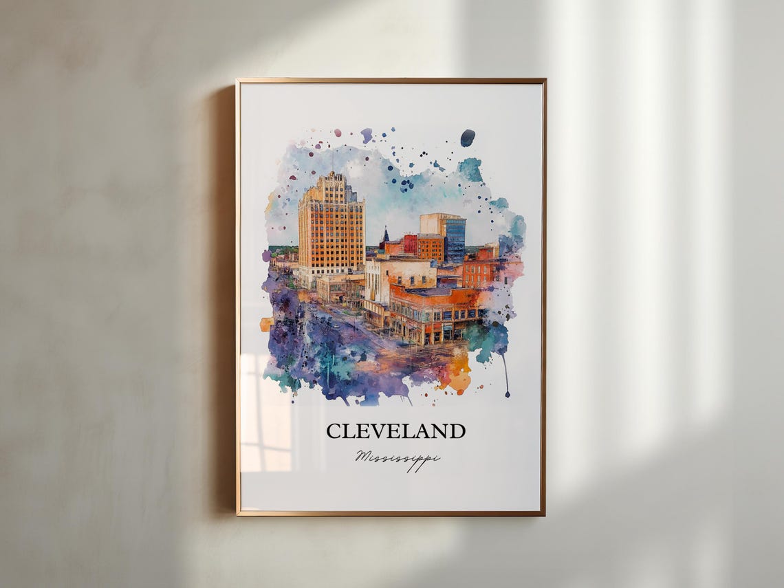 Cleveland Mississippi Downtown Skyline Splash Watercolor Poster - Image 3