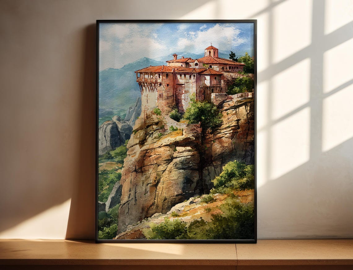 Meteora Greece Cliff Monastery Watercolor Travel Poster Rock View Art