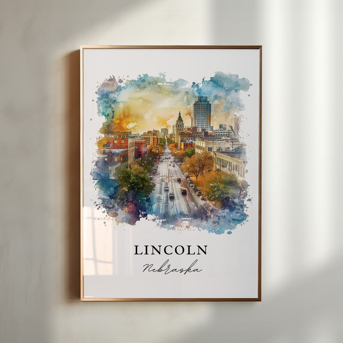 Lincoln Nebraska Watercolor Travel Poster, Art Print