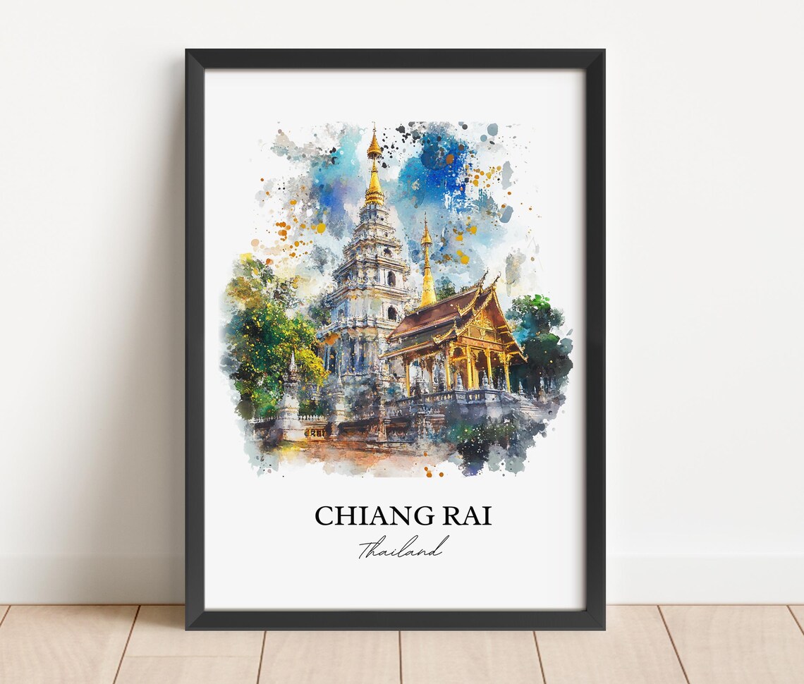 Chiang Rai Thailand Watercolor Golden Temple Landmark Art Poster - Image 3