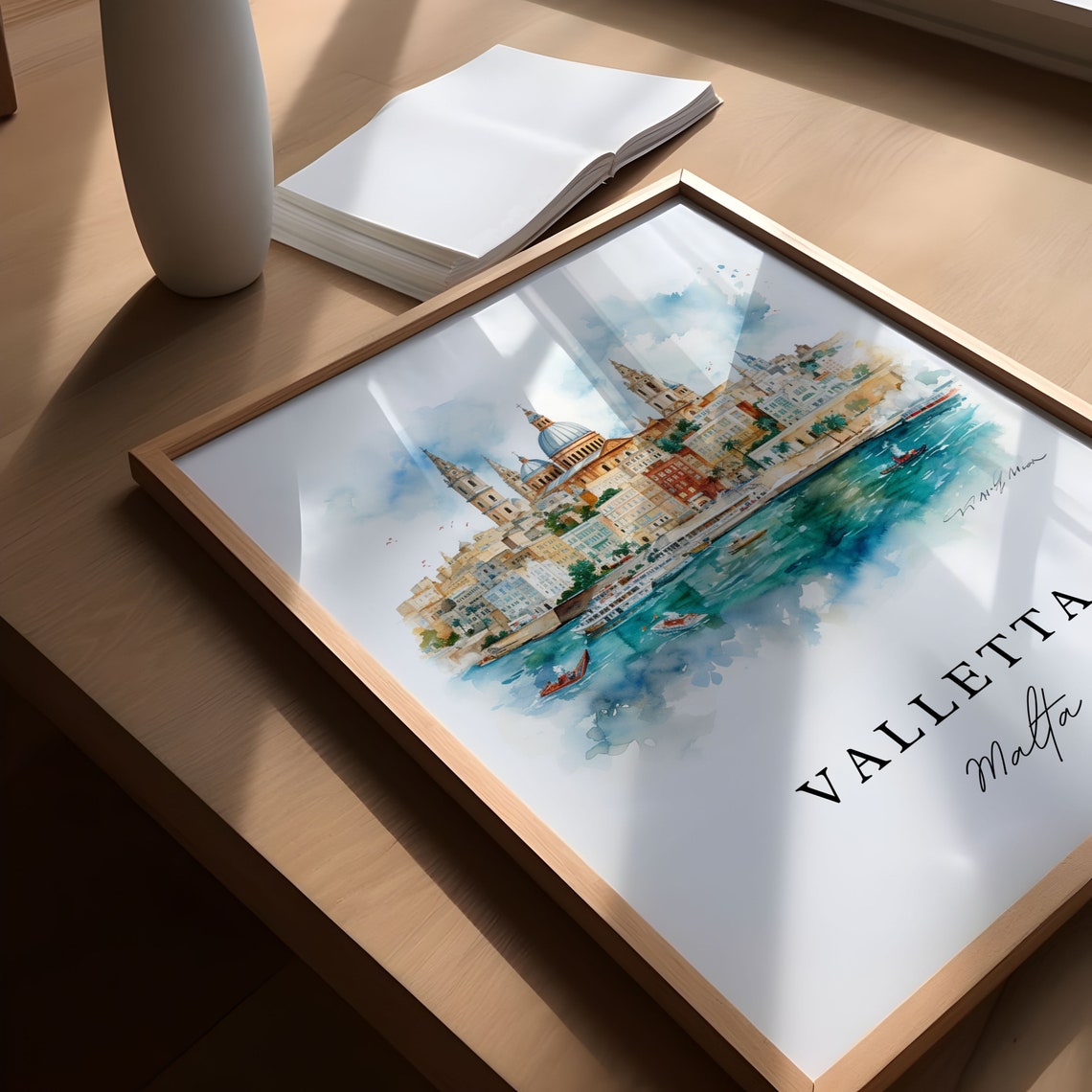 Valletta Malta Historic Harbor Skyline Watercolor Travel Poster - Image 5