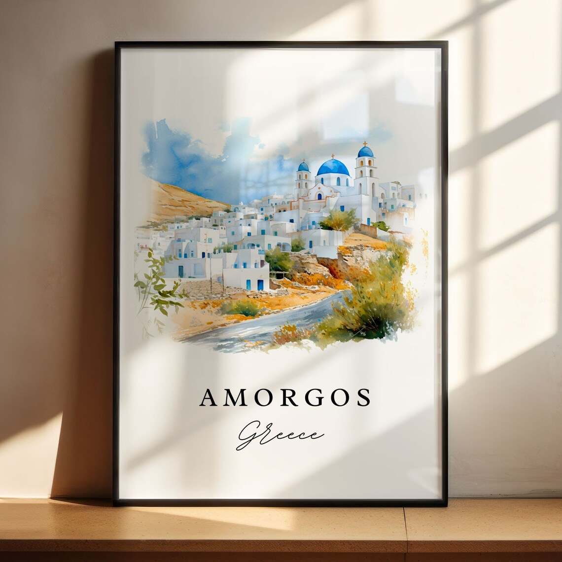 Amorgos Greece Blue Domed Island Church Watercolor Travel Poster