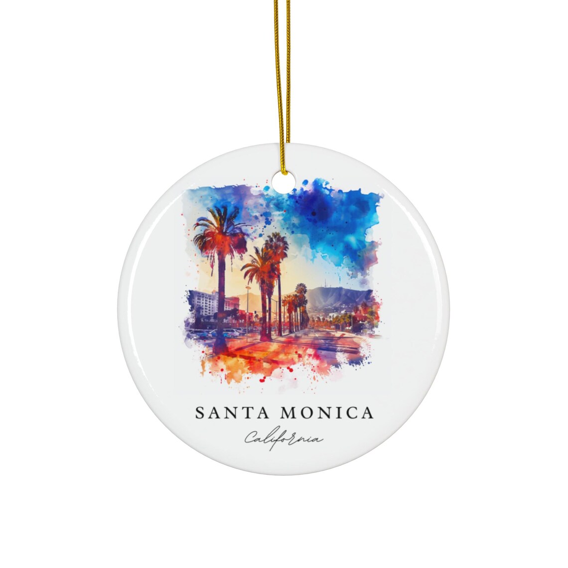 Santa Monica California Watercolor Palm Trees Sunset Street Poster