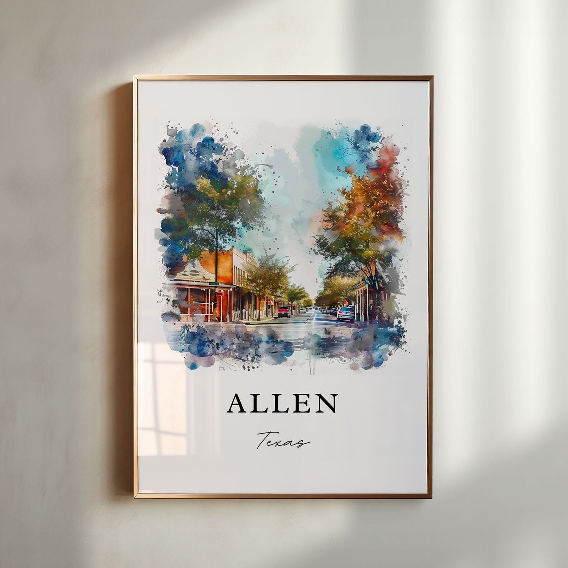 Allen Texas Autumn Main Street Watercolor Print Home Decor Art