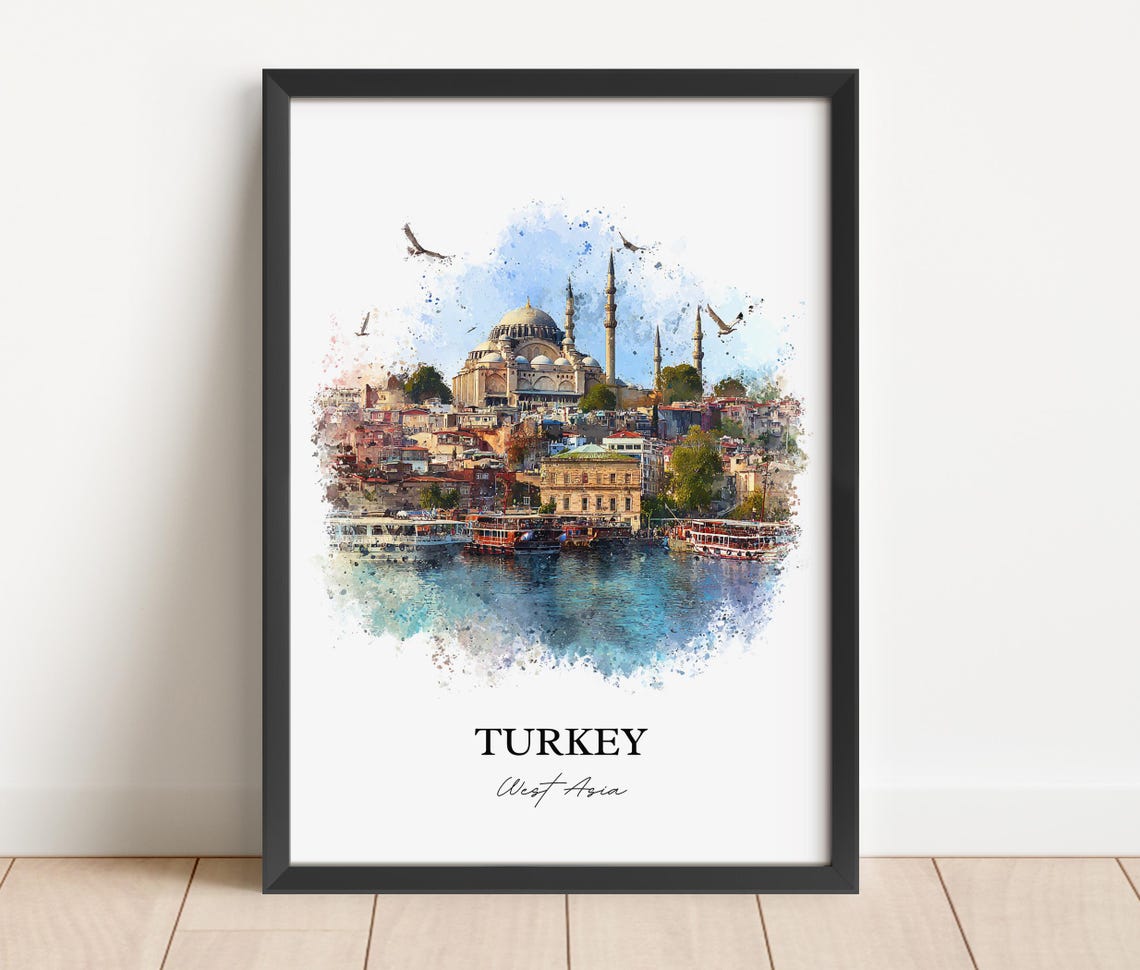 Turkey Watercolor Art Ottoman Mosque Waterfront Minarets Poster - Image 2