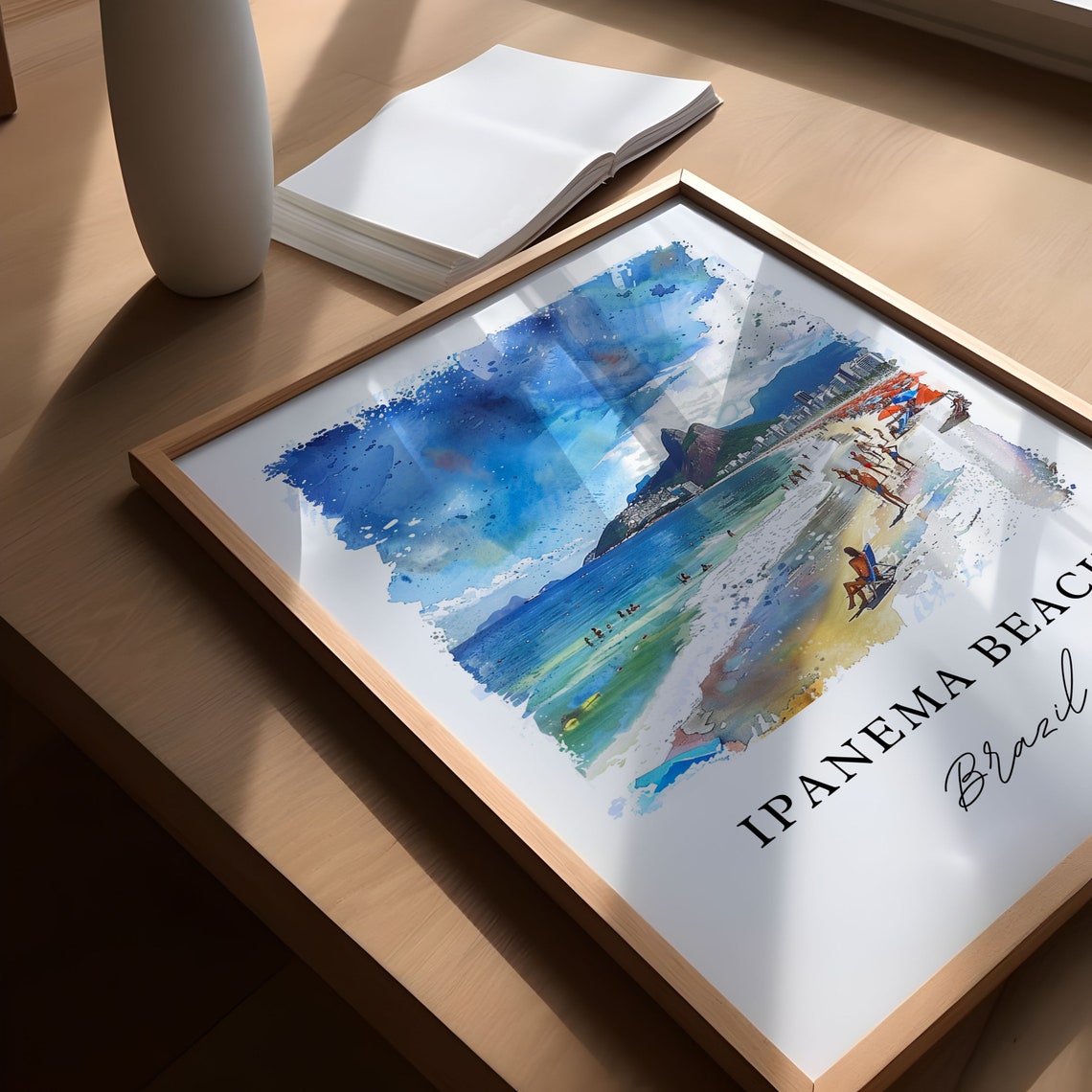 Ipanema Beach Brazil Mountain Backdrop Shoreline Watercolor Art Poster - Image 5