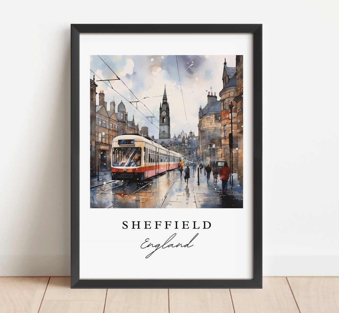 Sheffield England Tram Street Clock Tower Watercolor City Poster