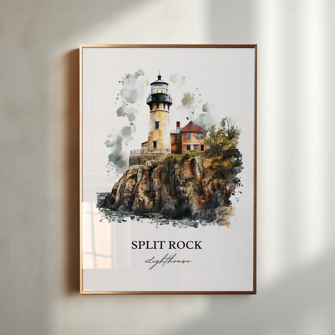 Split Rock Lighthouse Cliff Lake Superior Watercolor Art Poster