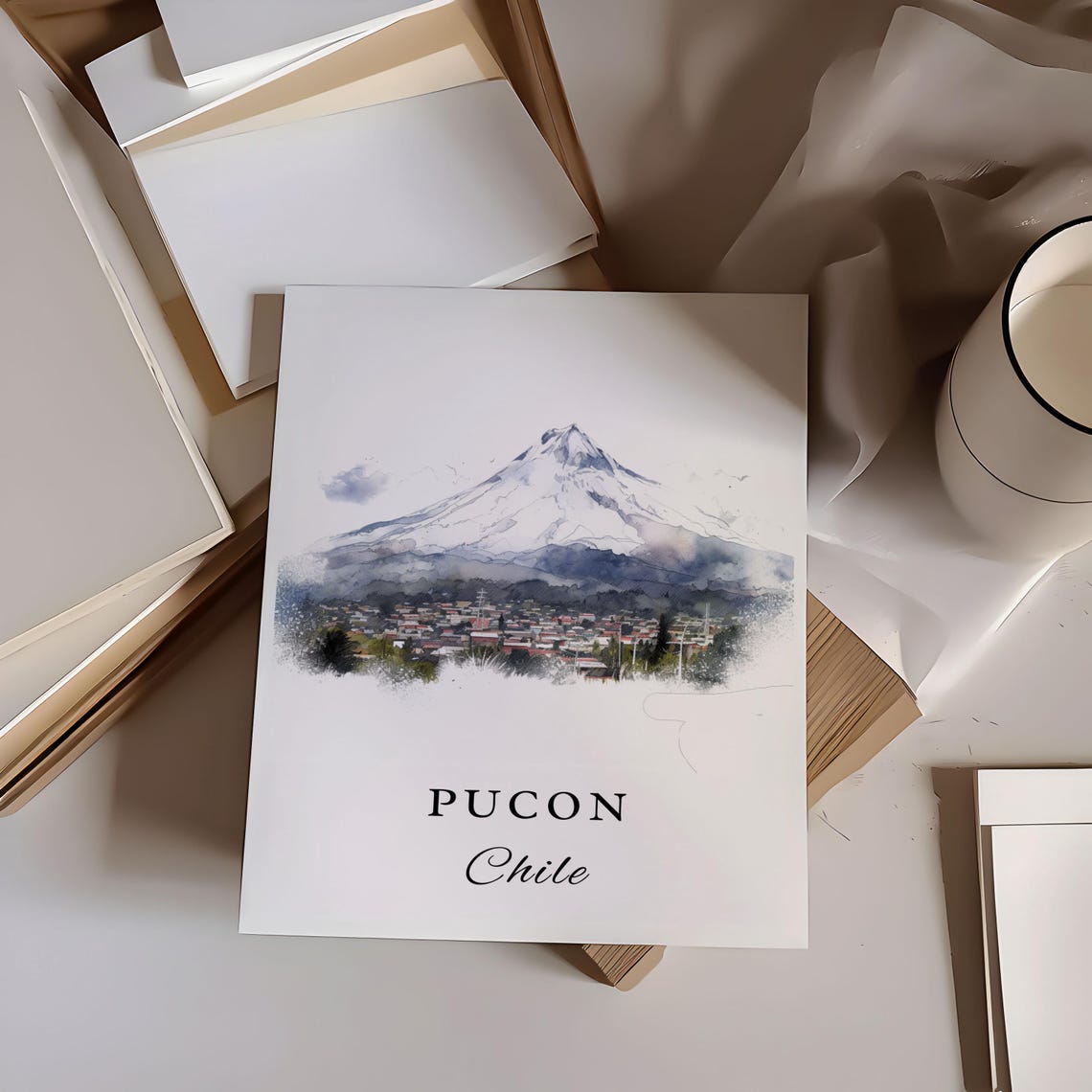 Pucon Chile Watercolor Snowy Volcano and Lakeside Town Art Poster - Image 6
