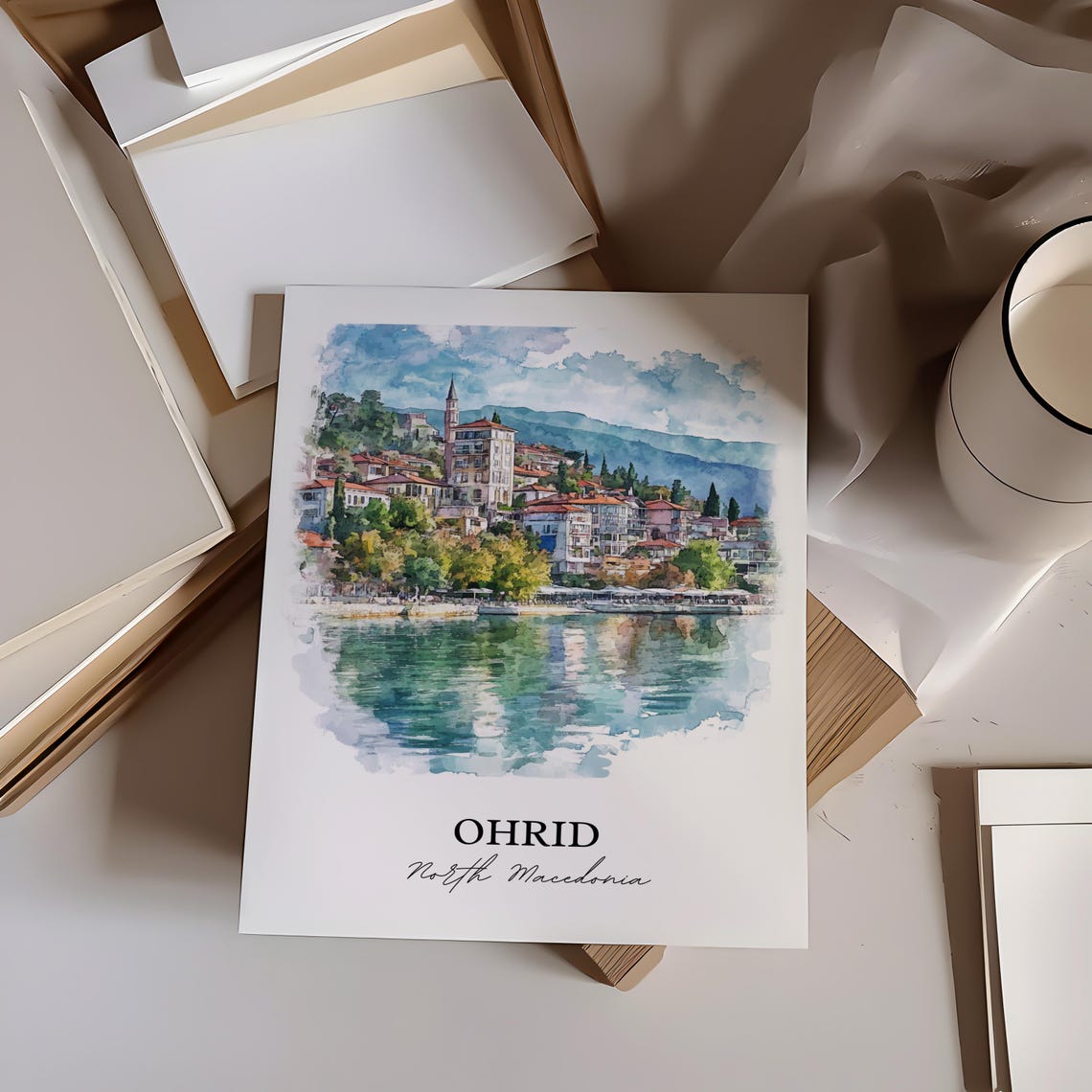 Ohrid North Macedonia Watercolor Lakeside Old Town View Poster - Image 4