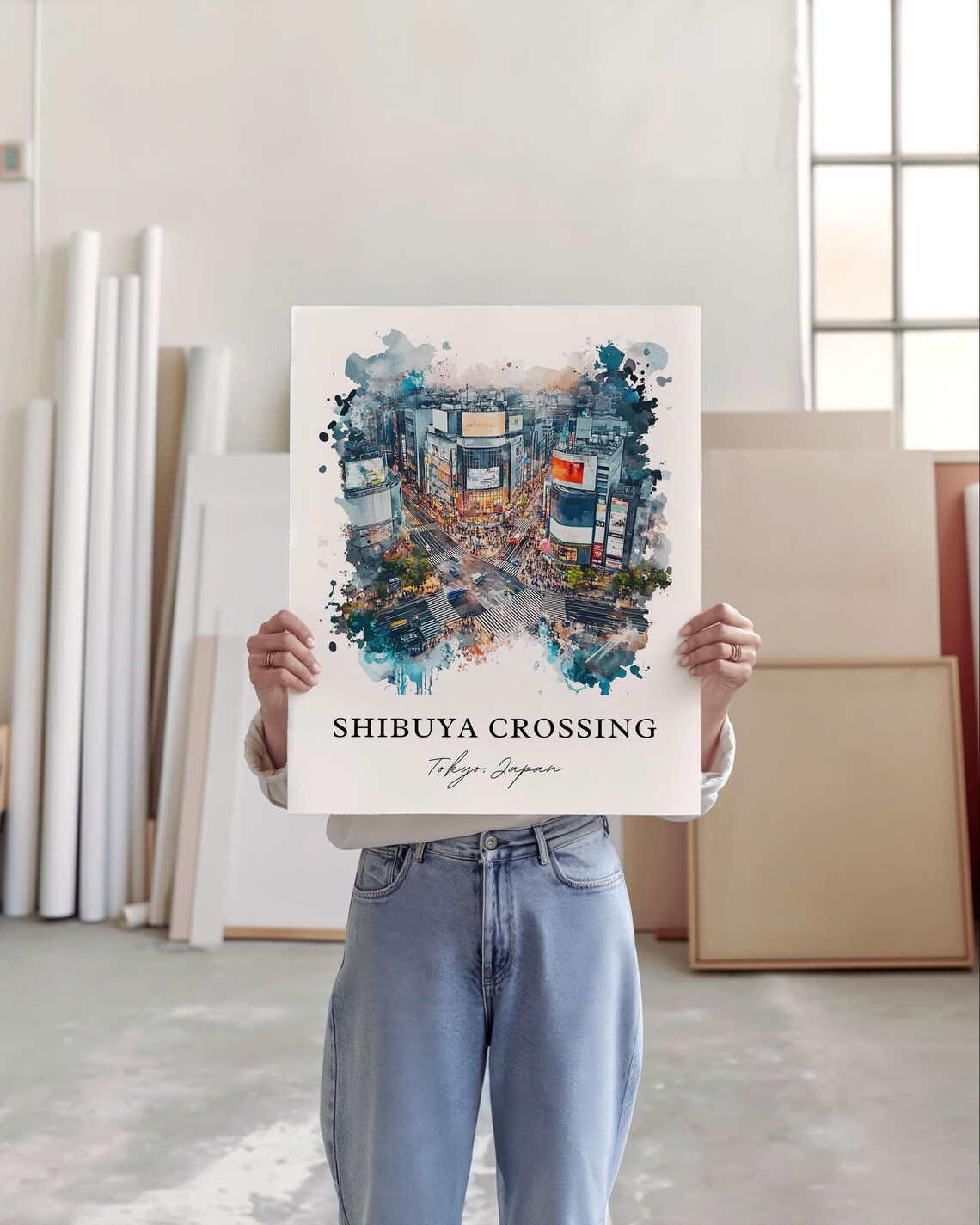 Shibuya Crossing Tokyo Japan Watercolor Cityscape Travel Poster - Image 2